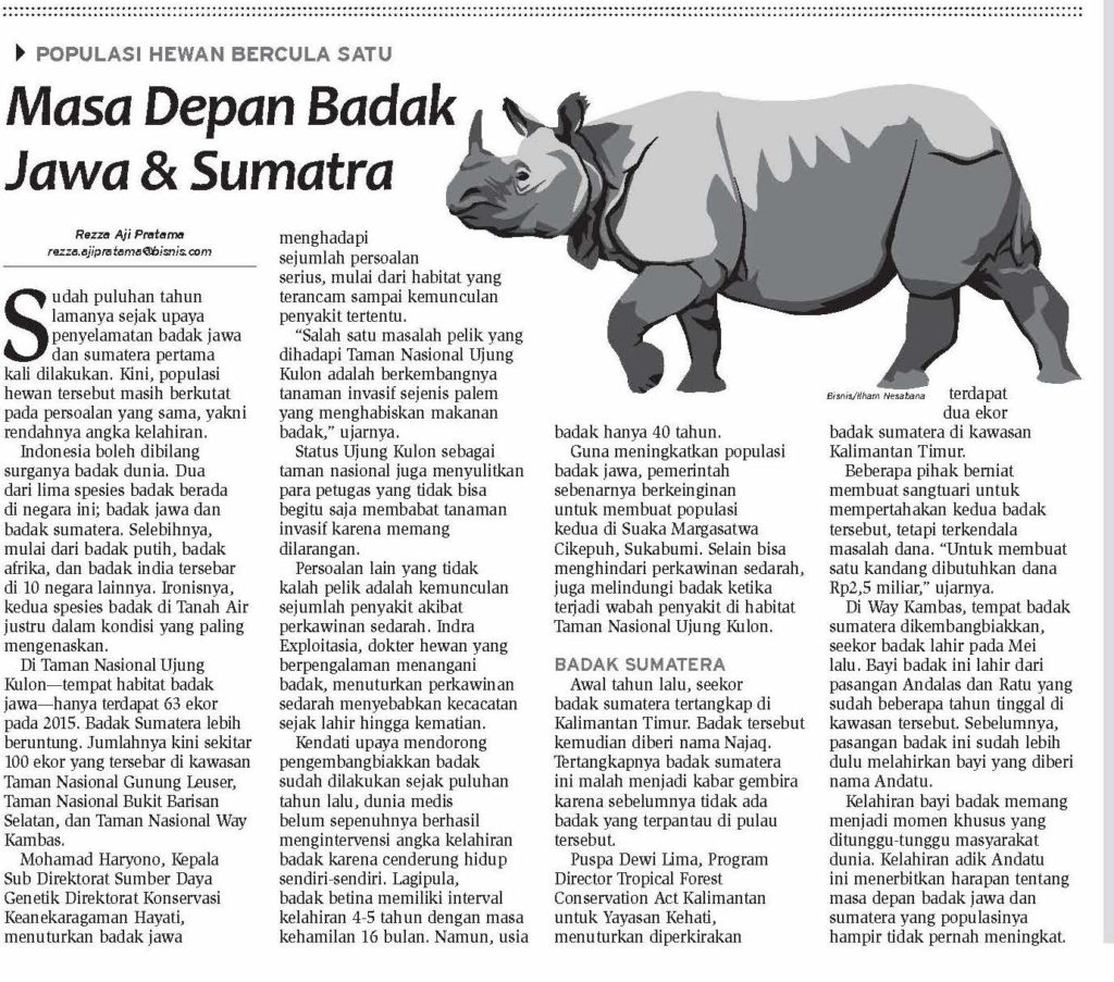 Masa Depan Badak Jawa dan Sumatra, Bisnis Indonesia, 1 Oktober